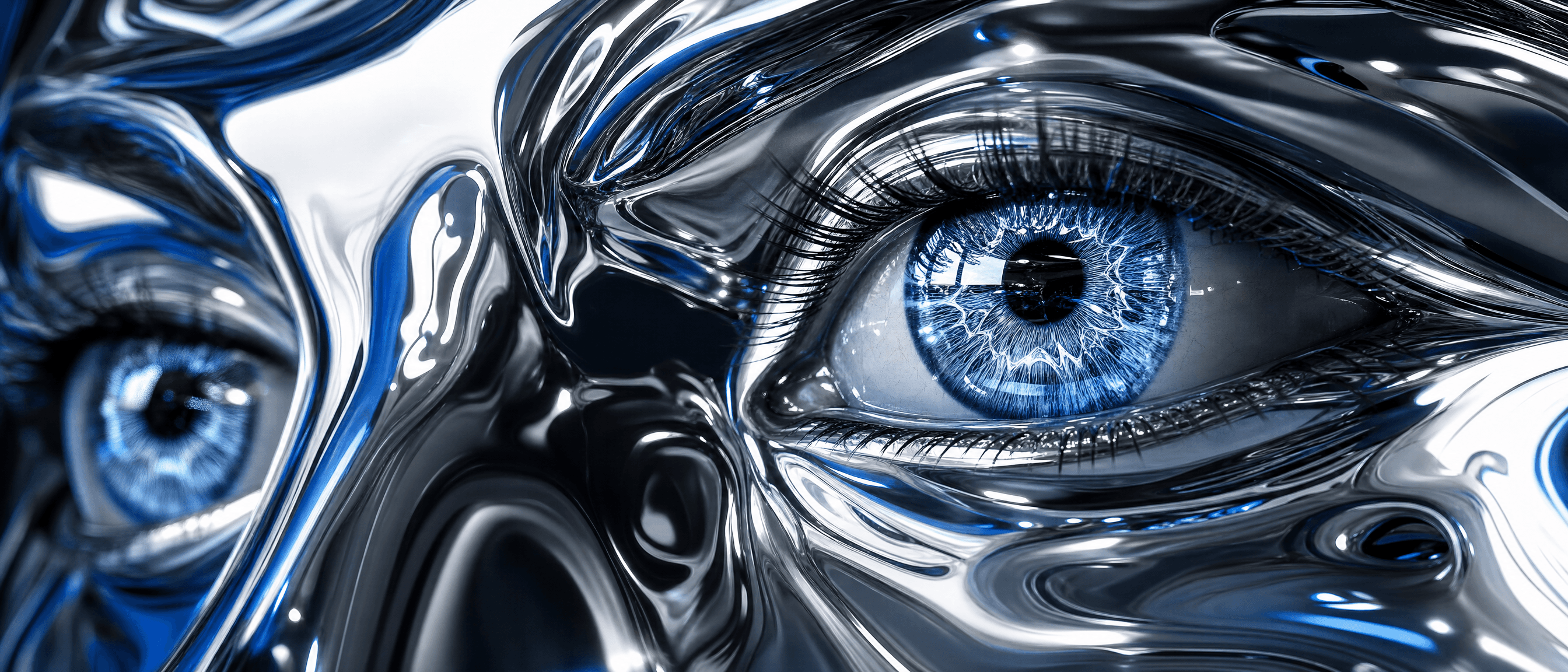 Macro study of a liquid silver face with an electric blue iris