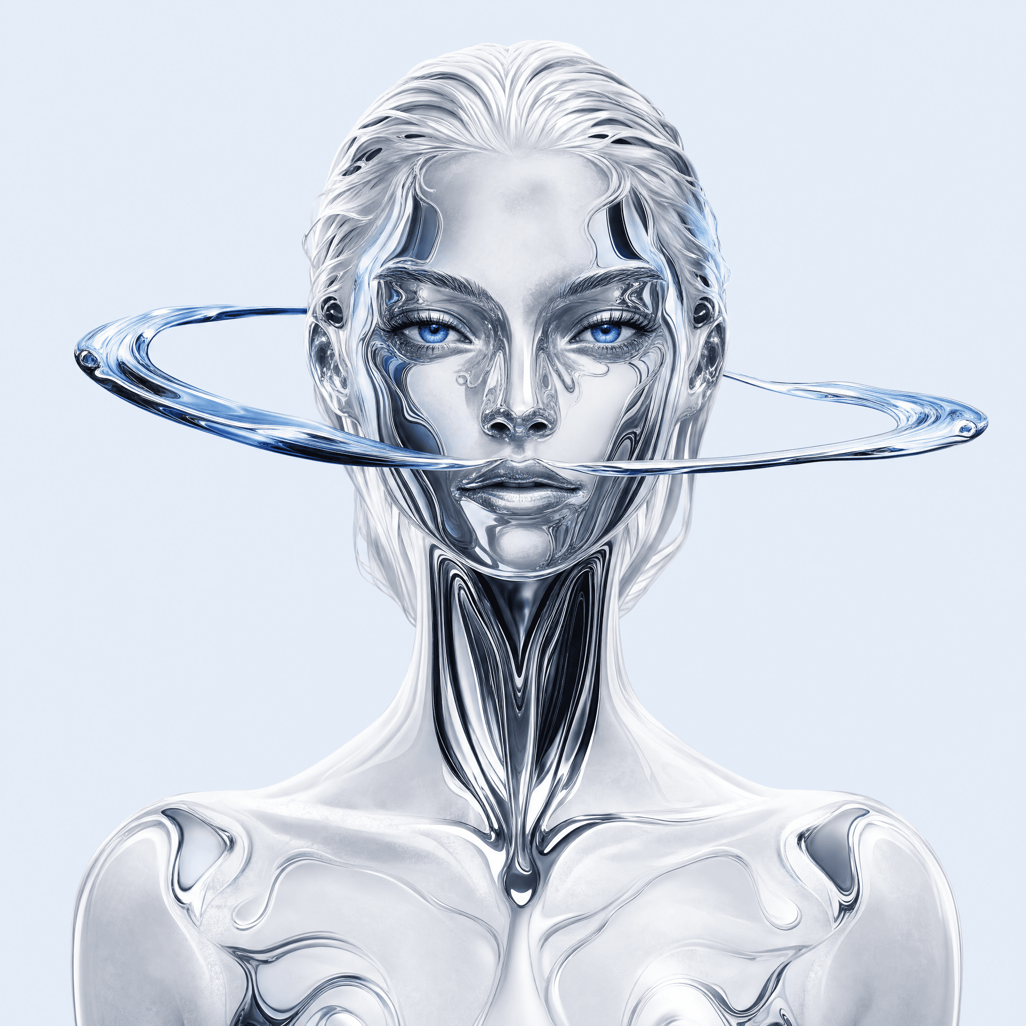 Silver-haired liquid chrome muse with blue eyes and a flowing orbital ring